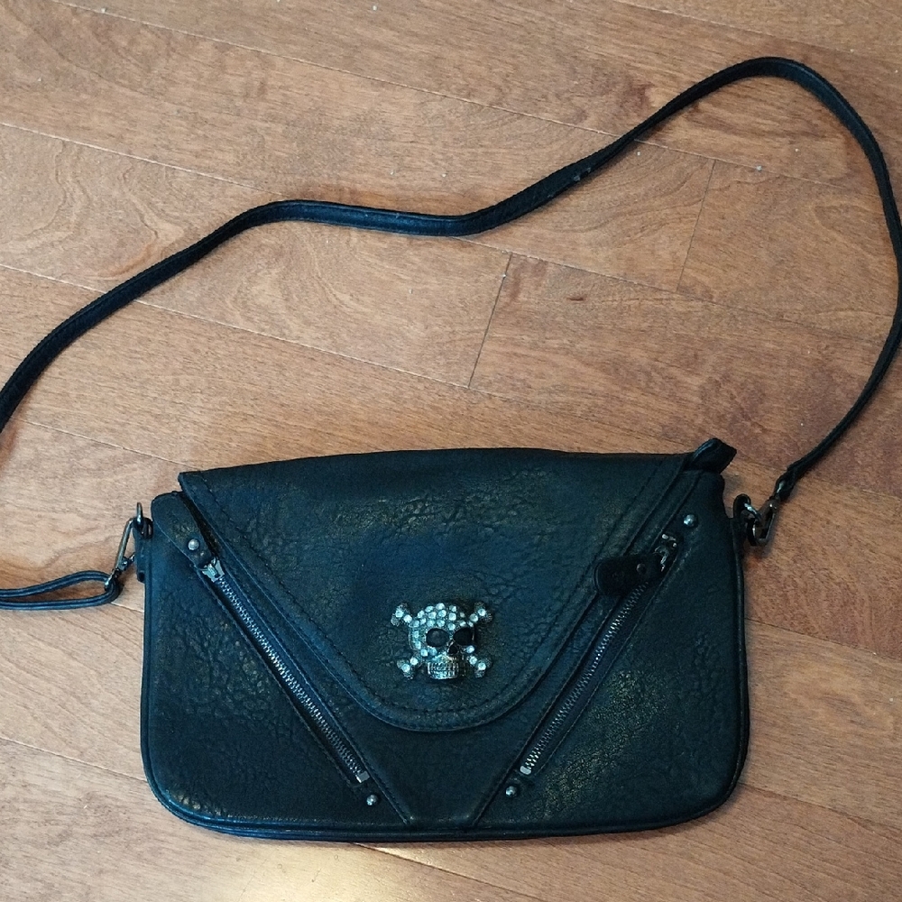 Melie Bianco Black Crossbody Bag with Skull Detail